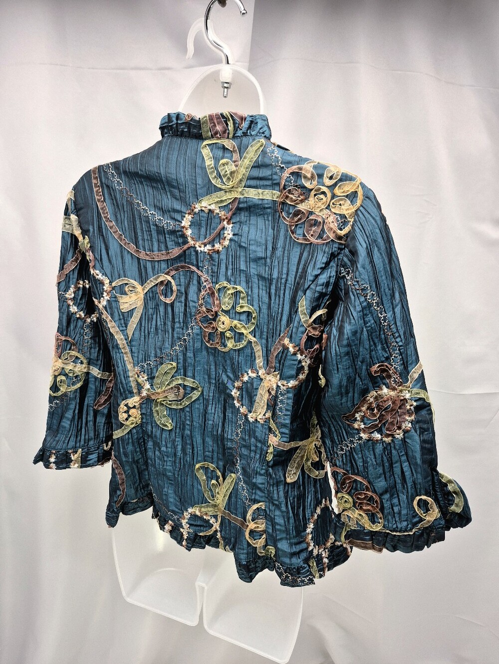 NWOT Agora Whimsy Teal Crinkle Ruffle Ribbon Applique Blouse Jacket S Whimsygoth - Picture 3 of 10